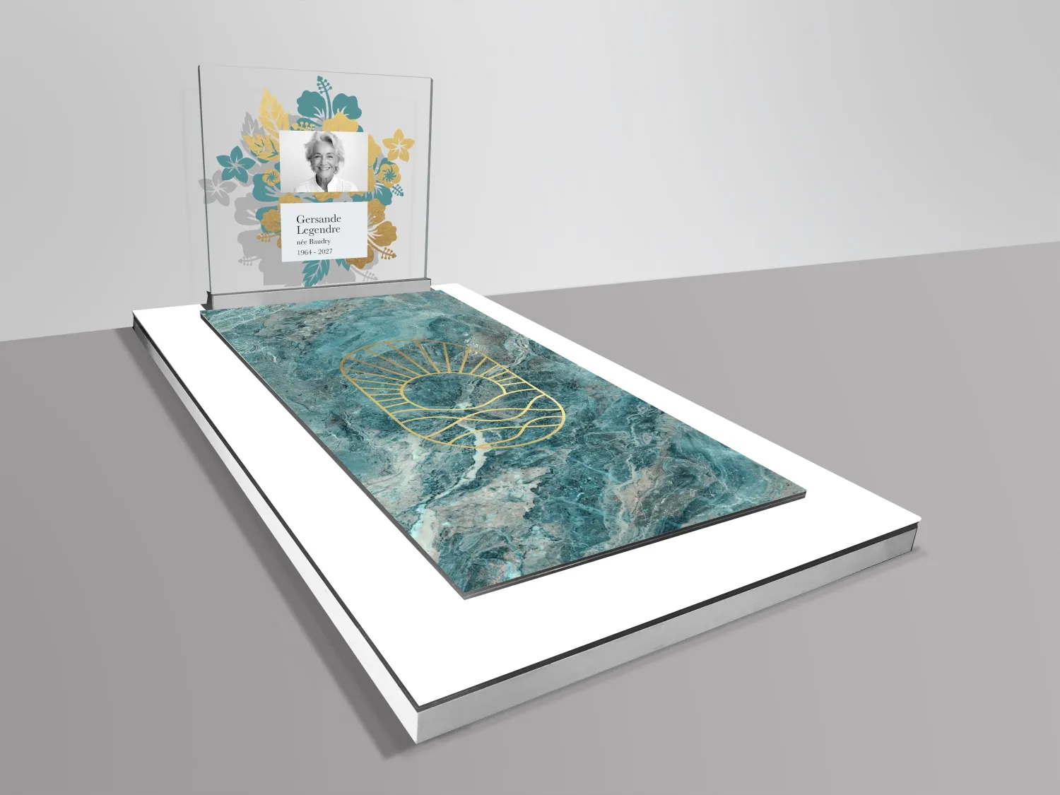 Monument funéraire moderne en verre avec portrait et motifs marins bleu et or