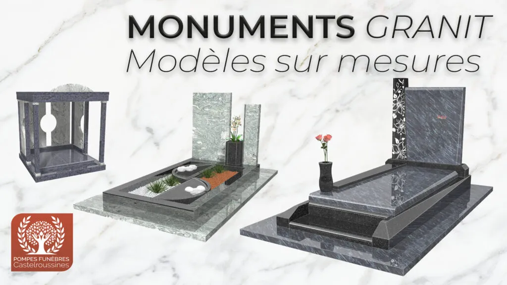 Présentation de différents modèles de monuments funéraires en granit sur mesure