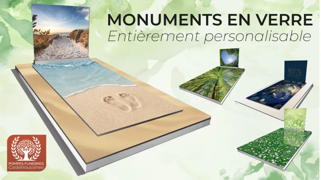 Exemples de monuments funéraires en verre personnalisables avec décors paysagers